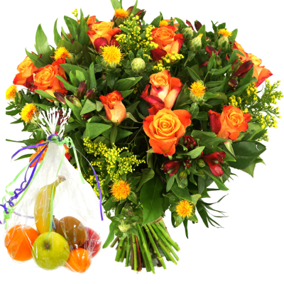 Zak fruit + oranje rozen en bloemen